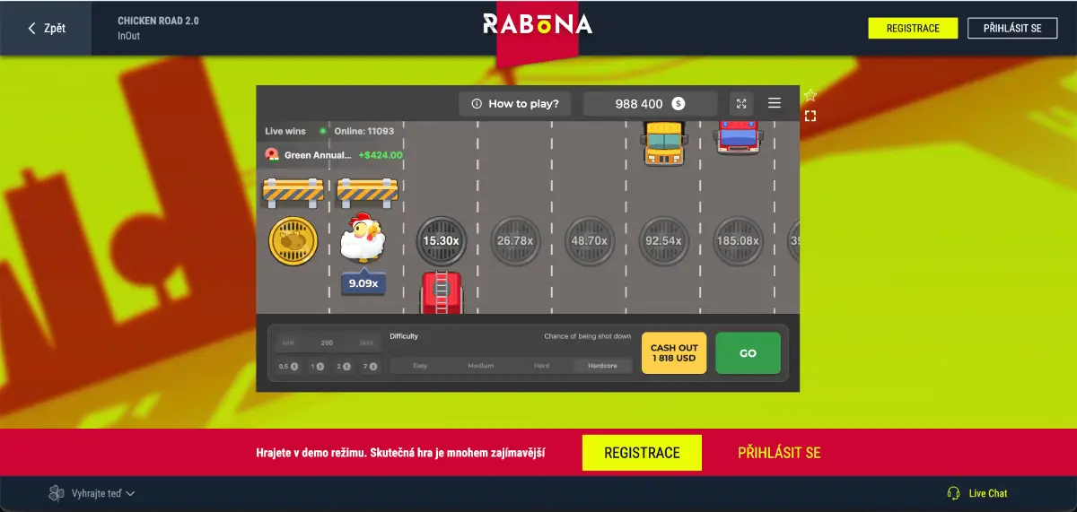 Průběh kola ve hře Chicken Road 2 s pohybem kuřete