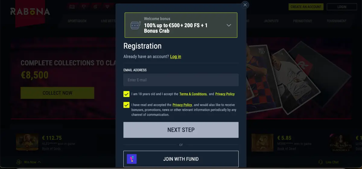 Bonus za registraci v kasinu Rabona pro nové hráče